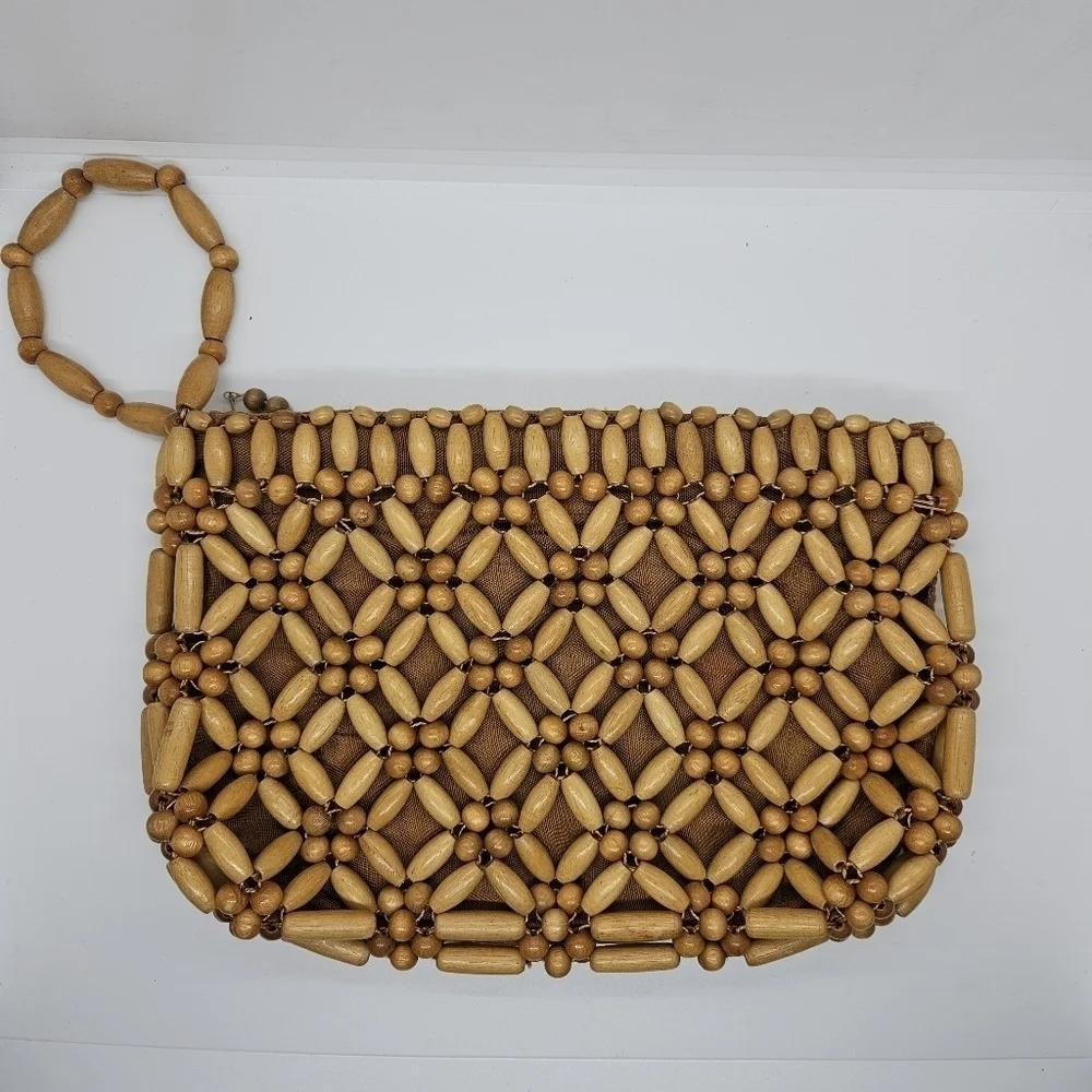 vintage wooden beaded clutch with wrist loop